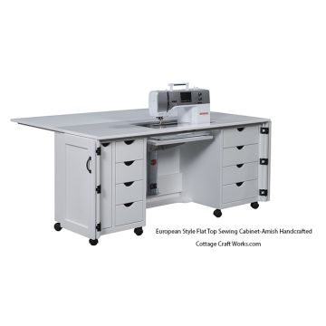 Flat top sewing workstation with flip-up work surface